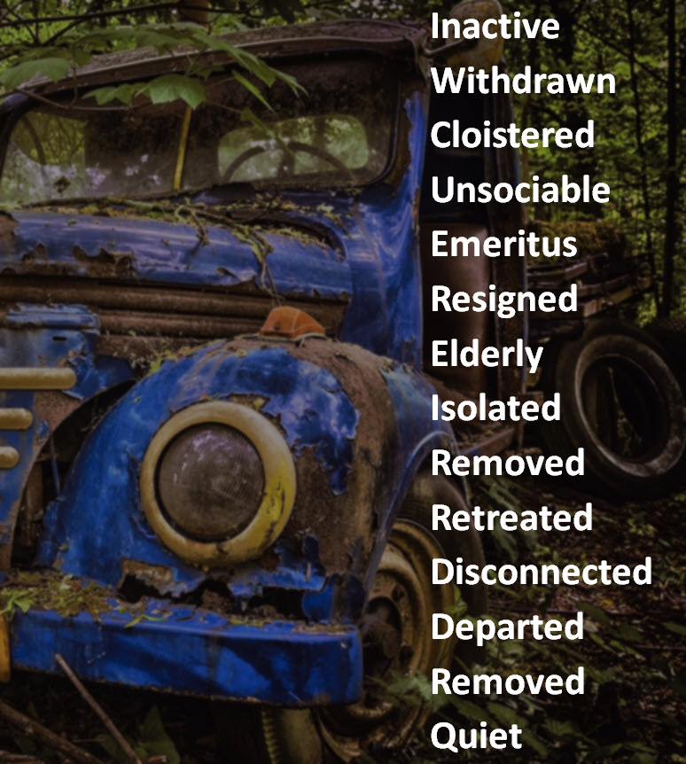 Synonyms for the word retired like inactive, withdrawn, cloistered, unsociable, resigned, etc. In the background is an old rusty truck covered with vegetation.