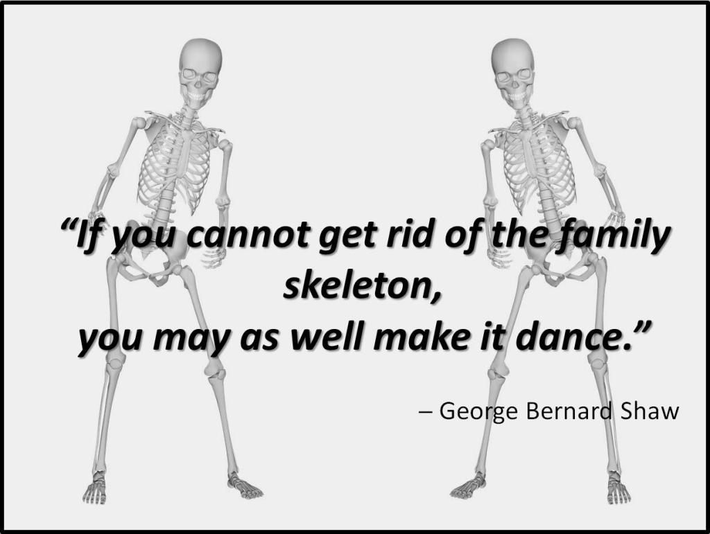 Quote: "If you cannot get rid of the family skeleton, you may as well make it dance" by George Bernard Shaw. Skeletons dancing in the background