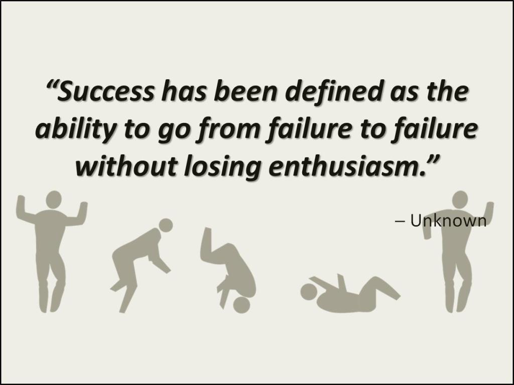 Quote "Success has been defined as the ability to go from failure to failure without losing enthusiasm." On the background there's a person tumbling but continuing with as much zest as before